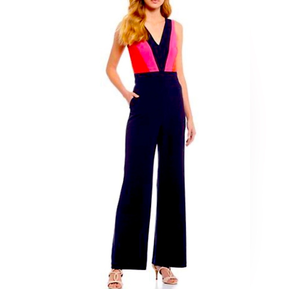 Vince Camuto Colorblock Navy Blue Red Pink V-Neck Flare Wide-Leg Jumpsuits, 4
